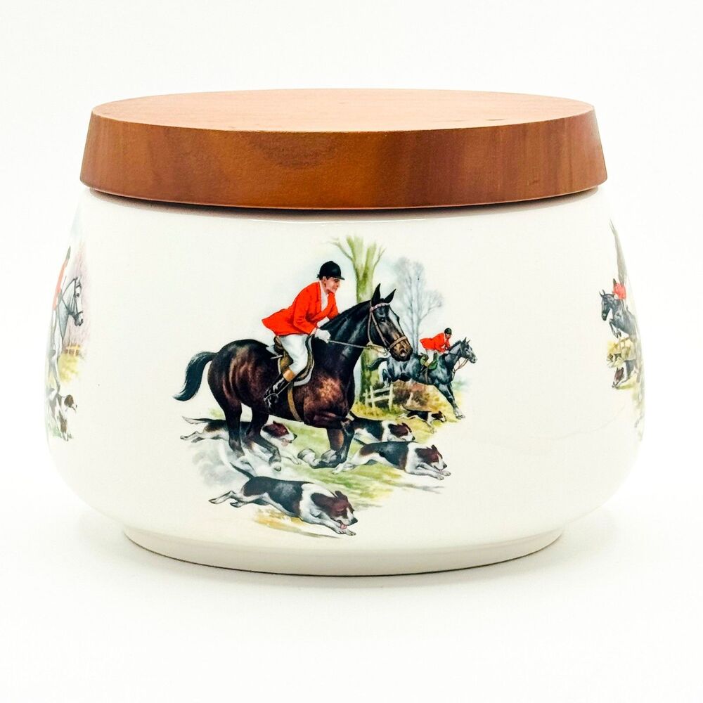 Vintage Peterson’s Ltd Fox Hunt Tobacco Jar Wooden Lid White Ceramic Italy